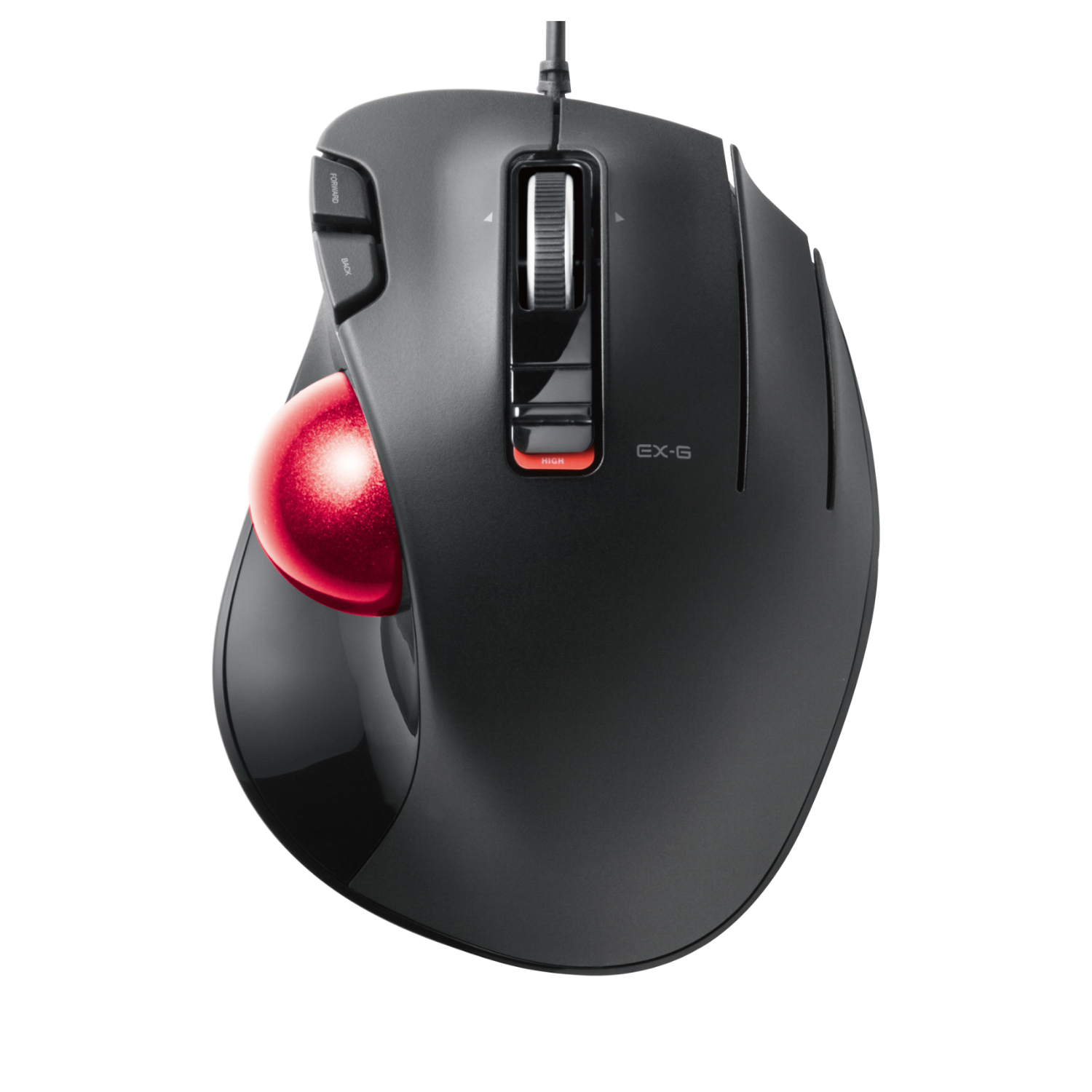 black ergonomic trackball mouse with red ball