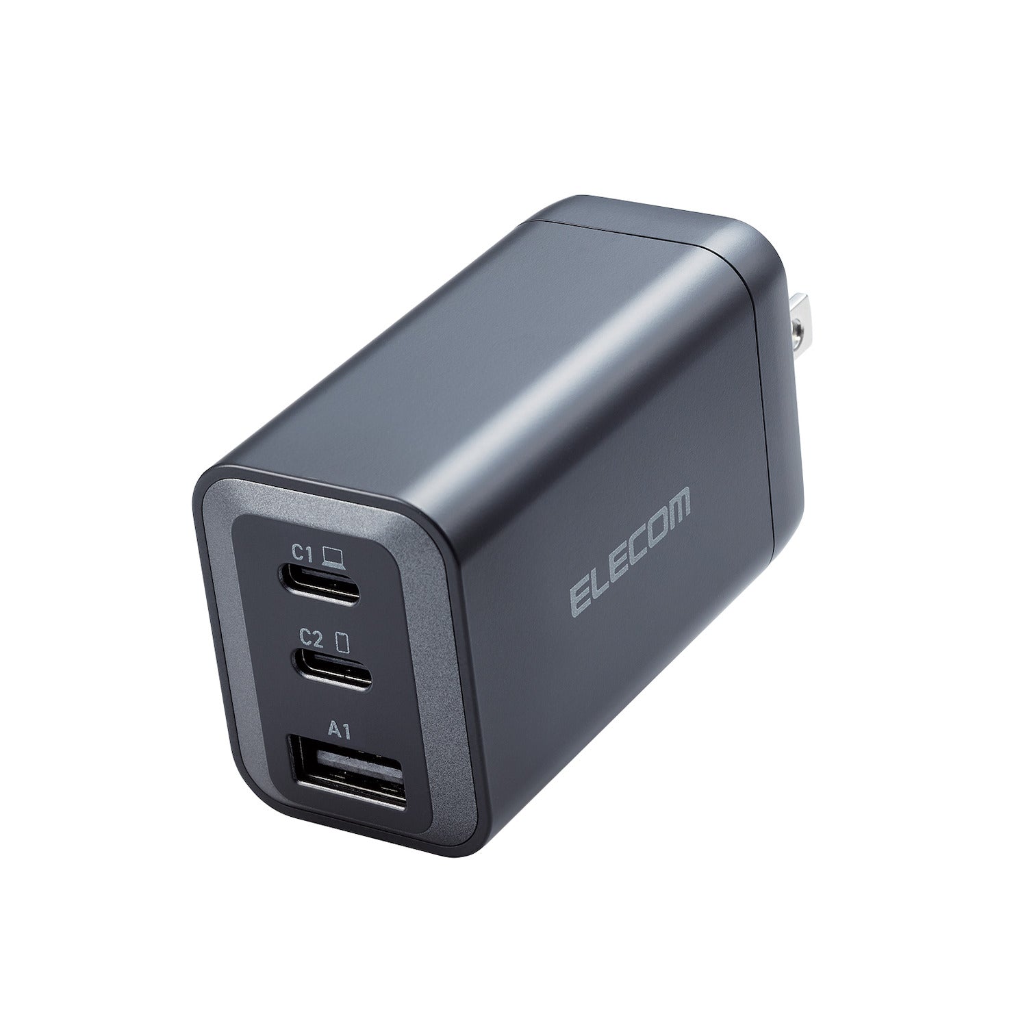 dark grey wall charger with compact design for recharging USB-C and USB-A devices