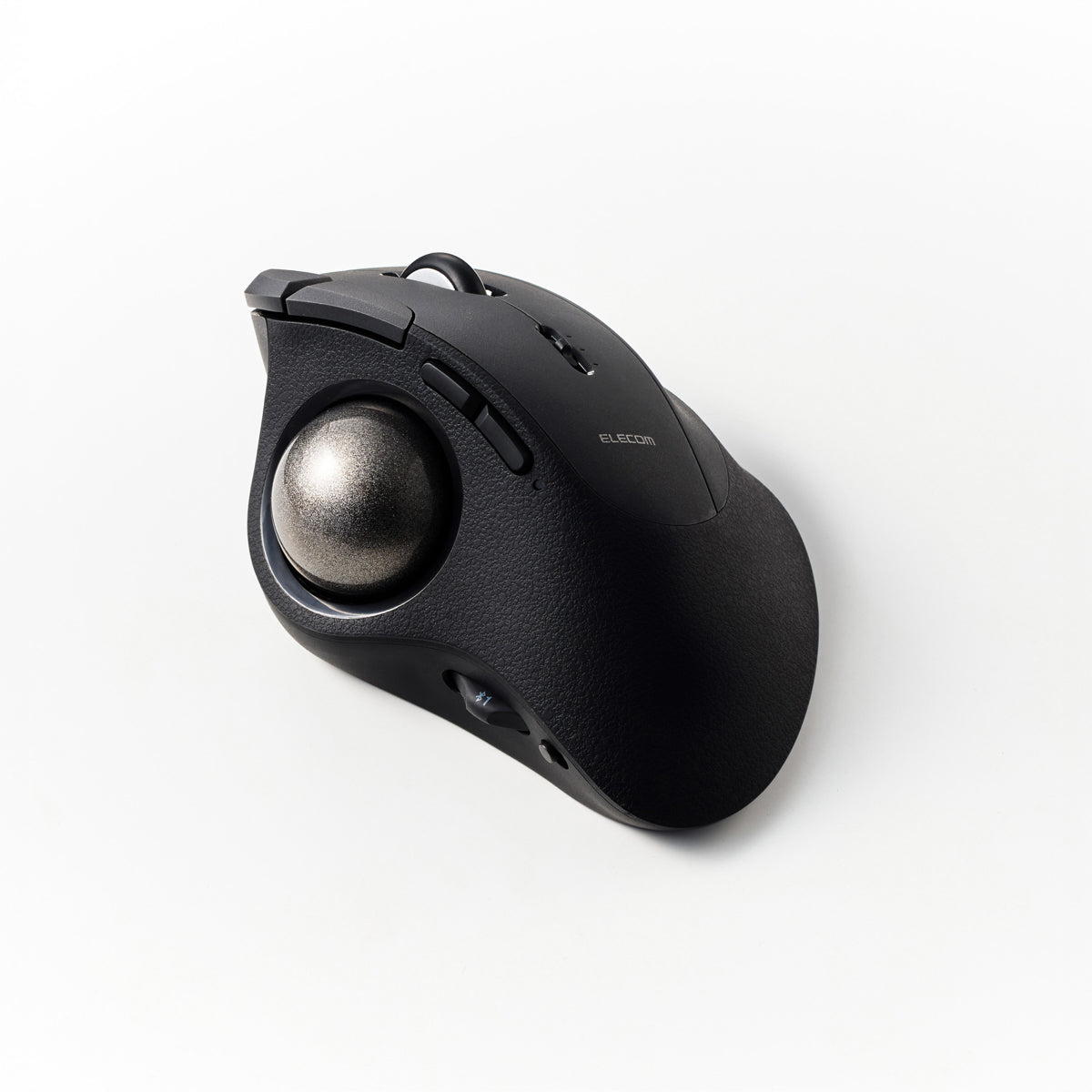 black trackball mouse with 10 programmable buttons, 6 device pairing, and 3 connectivity channels