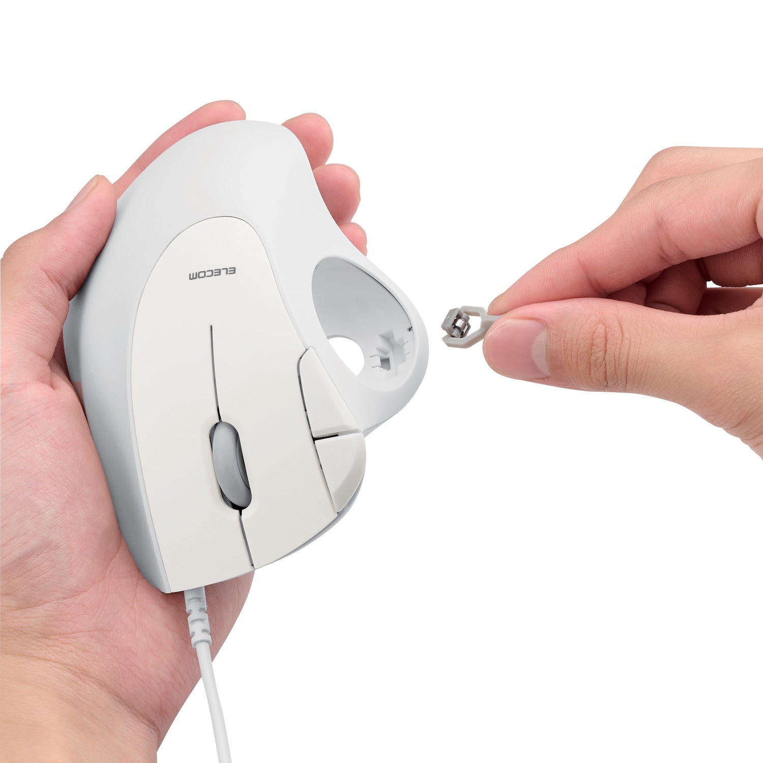 white wired mouse with interchangeable roller bearings | right-handed ergonomic trackball mouse