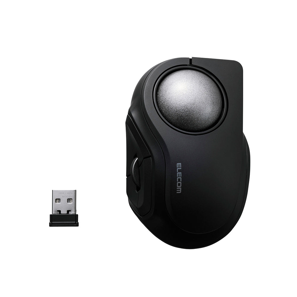 A black bitra index trackball mouse shown alongside its small USB receiver on a plain white background.