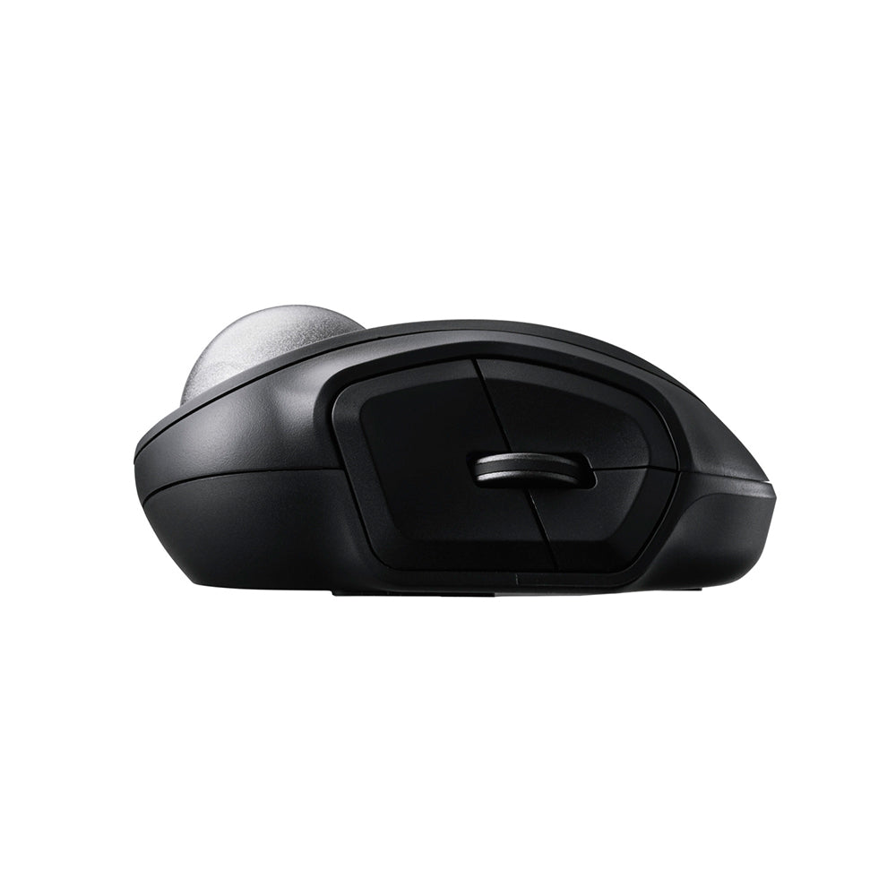 A black bitra index trackball mouse with a prominent side scroll wheel, shown from a side profile view on a solid white background.