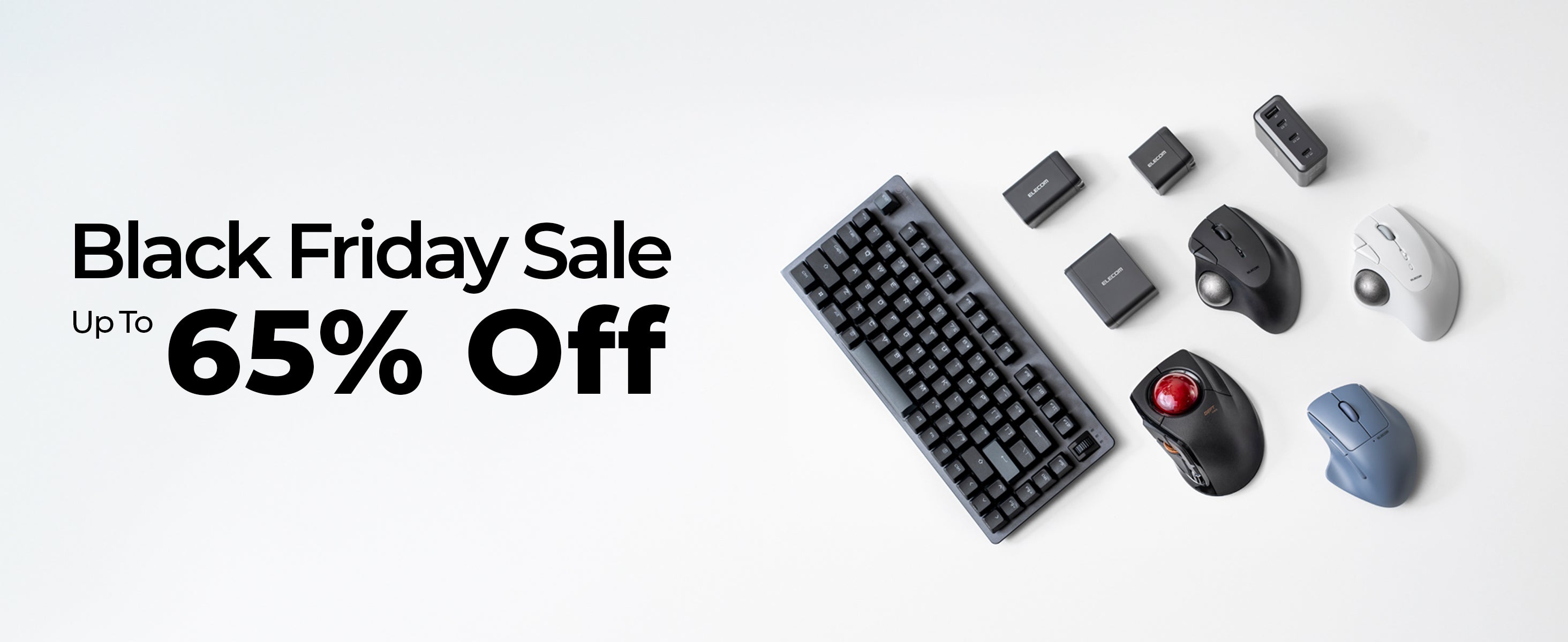 Computer keyboard and mice on a white background with Black Friday sale text.