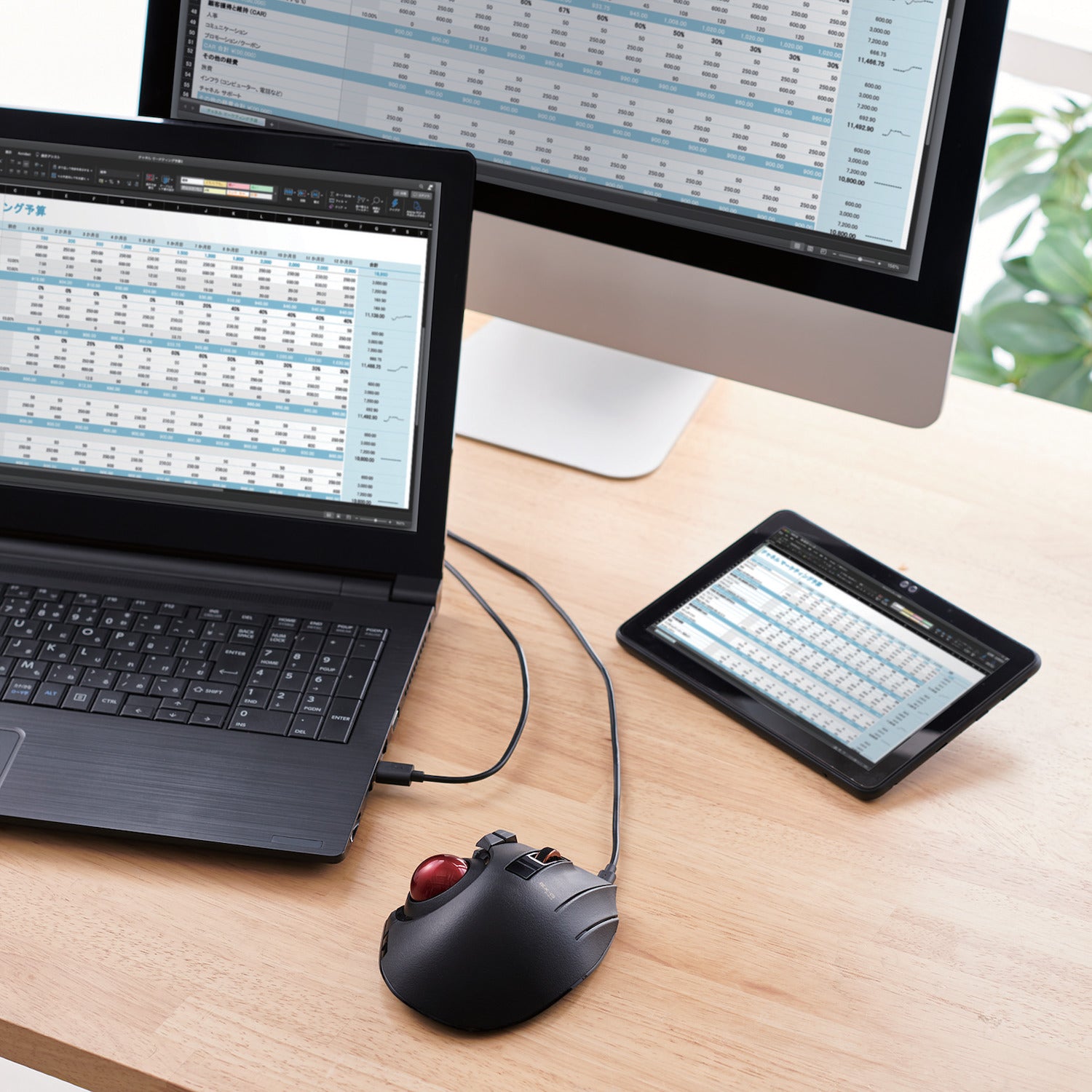 Black wired EX-G PRO Trackball Red Ball next to laptop and monitor on a table | Elecom Wireless Trackball mouse