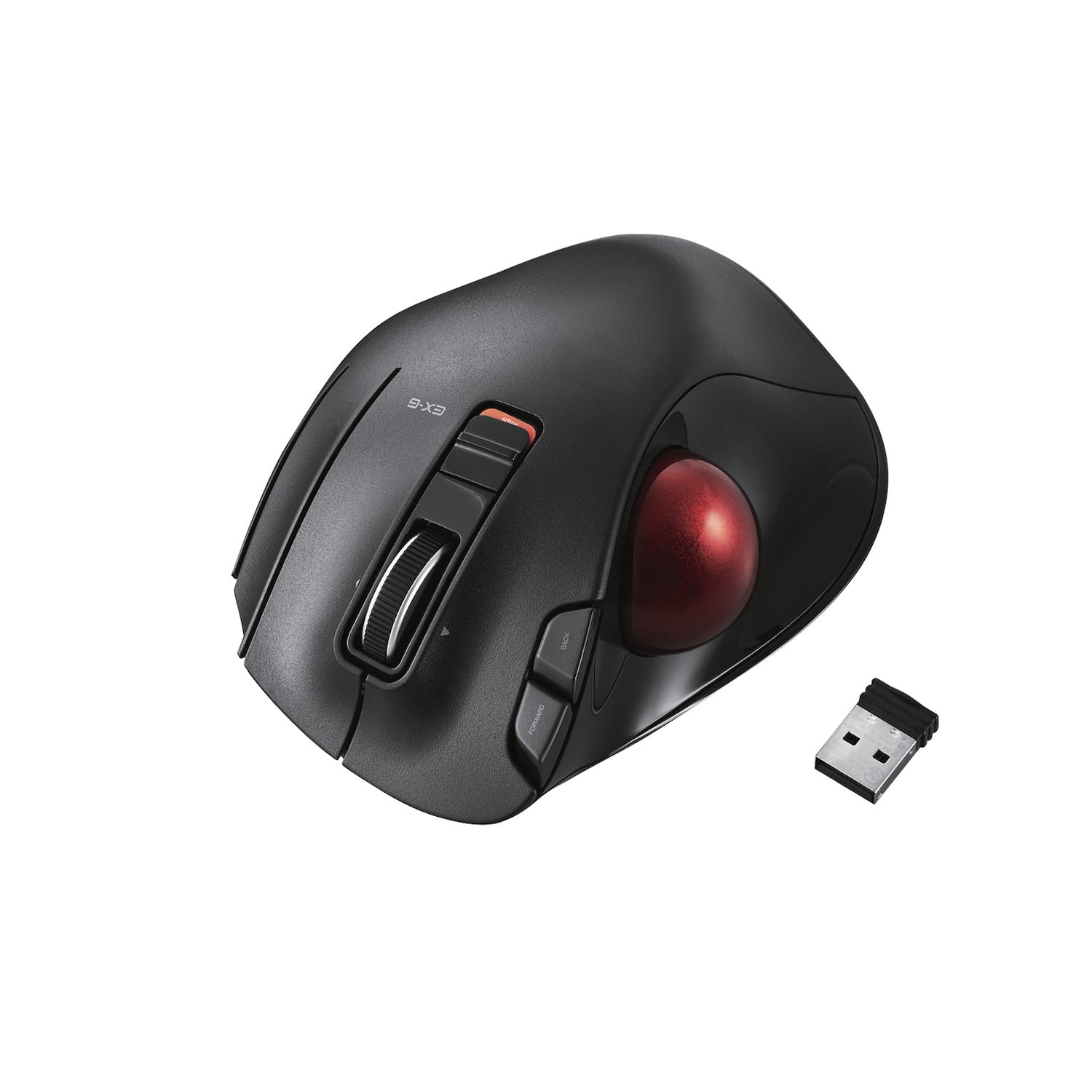 Front Angle Black EX-G Trackball Wireless USB receiver Red Ball | Wireless Trackball Mouse