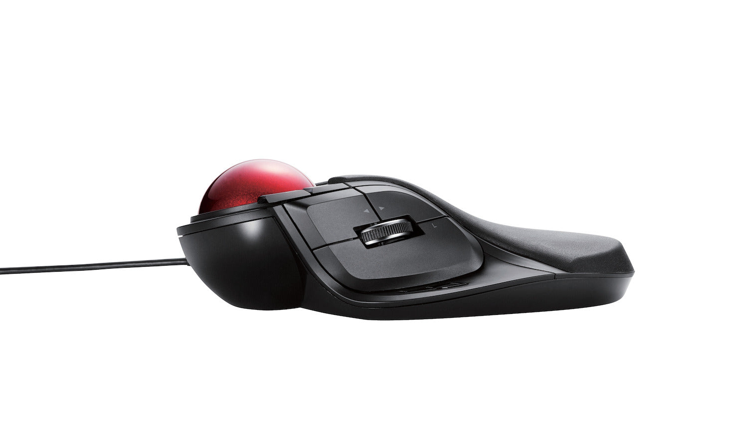 Black Huge Wired Trackball Mouse Red Ball Finger Scroll Side Angle | Elecom Wired Huge Trackball Mouse