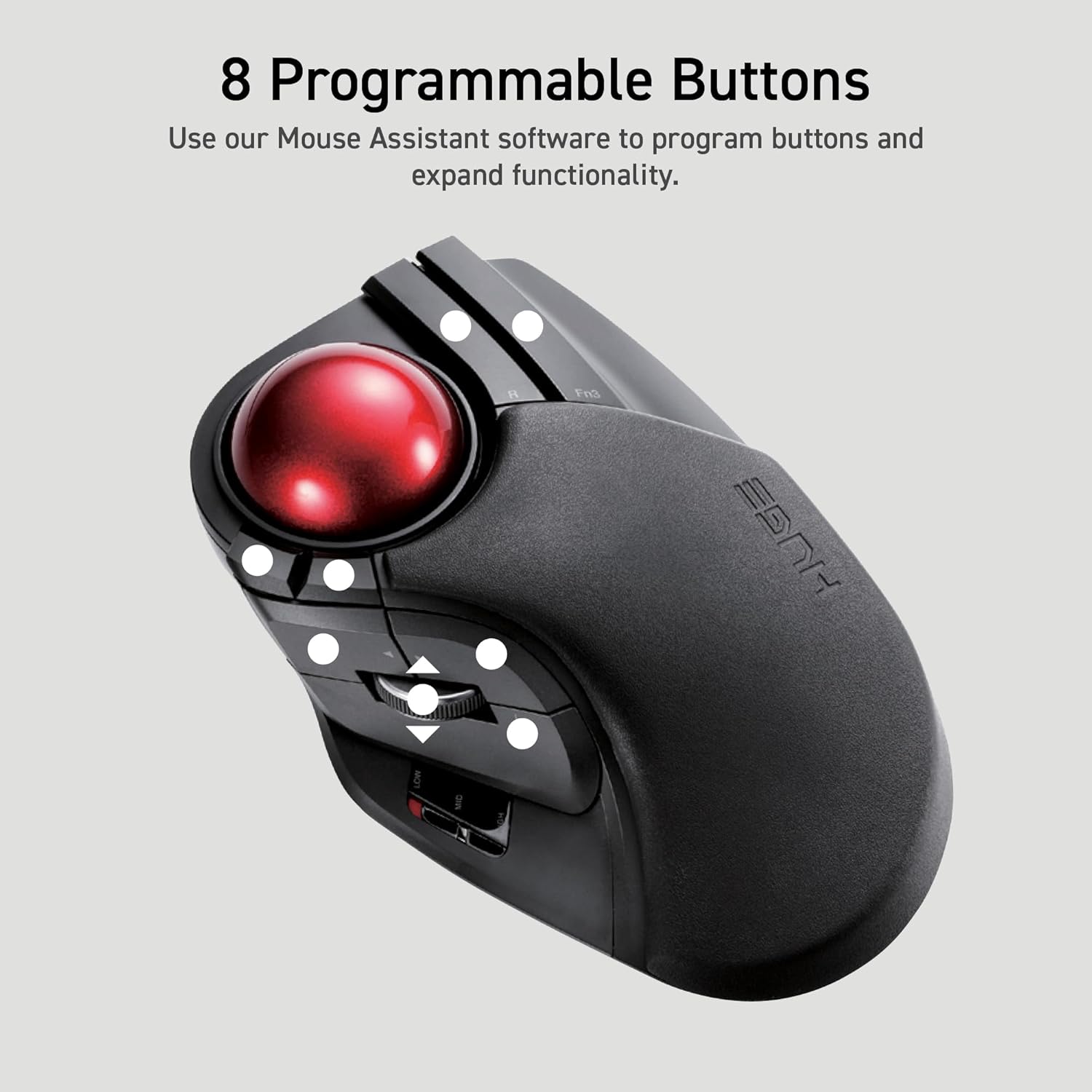 Huge Wireless USB Trackball Mouse Red Ball with white circles where buttons are | Message reads: Use our Mouse Assistant software to program buttons and expand functionality