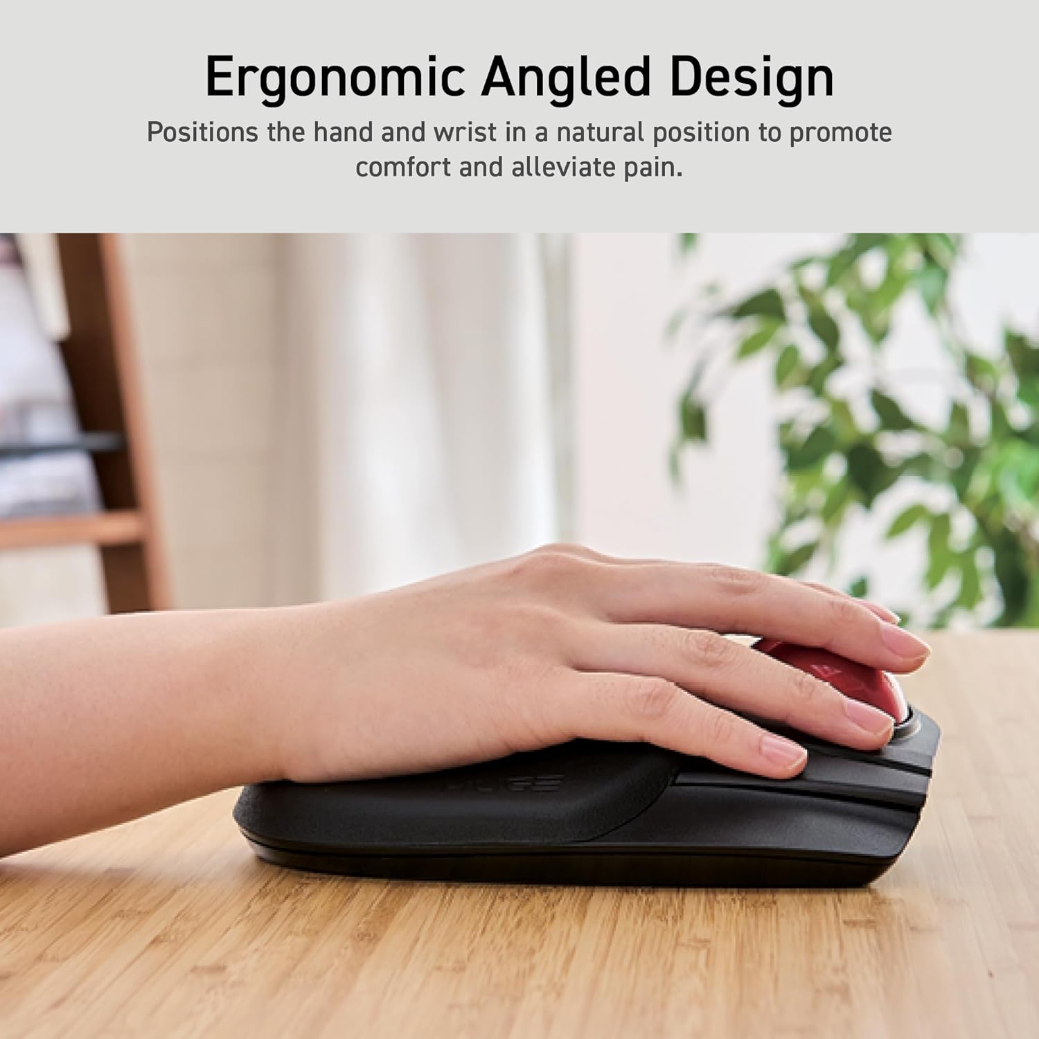 Using Huge Wireless USB Trackball Mouse Red Ball on a wooden table | Message reads: Positions the hand and wrist in a natural position to promote comfort and alleviate pain