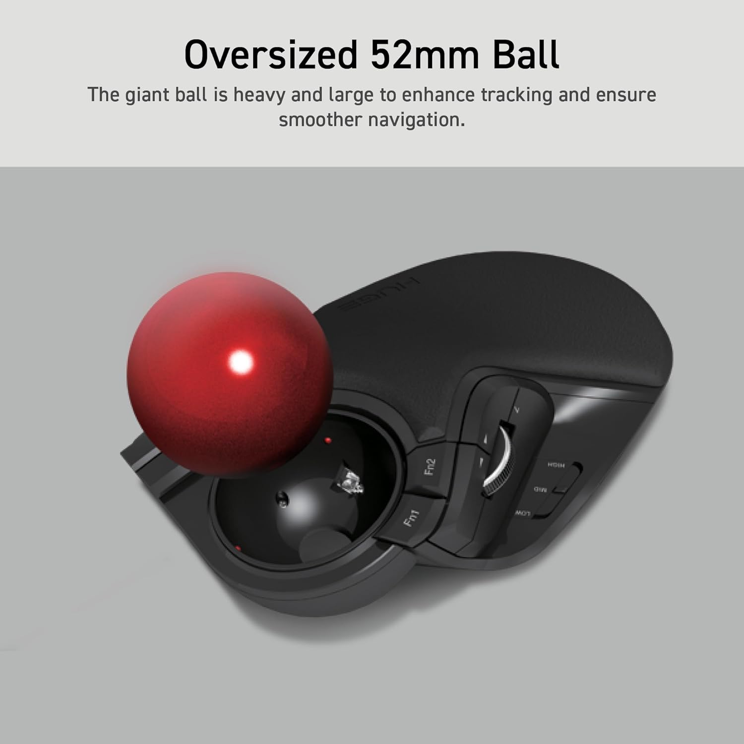 Huge Wireless USB Trackball Mouse Red Ball with red ball floating outside its compartment | Message reads: The giant ball is heavy and large to enhance tracking and ensure smoother navigation