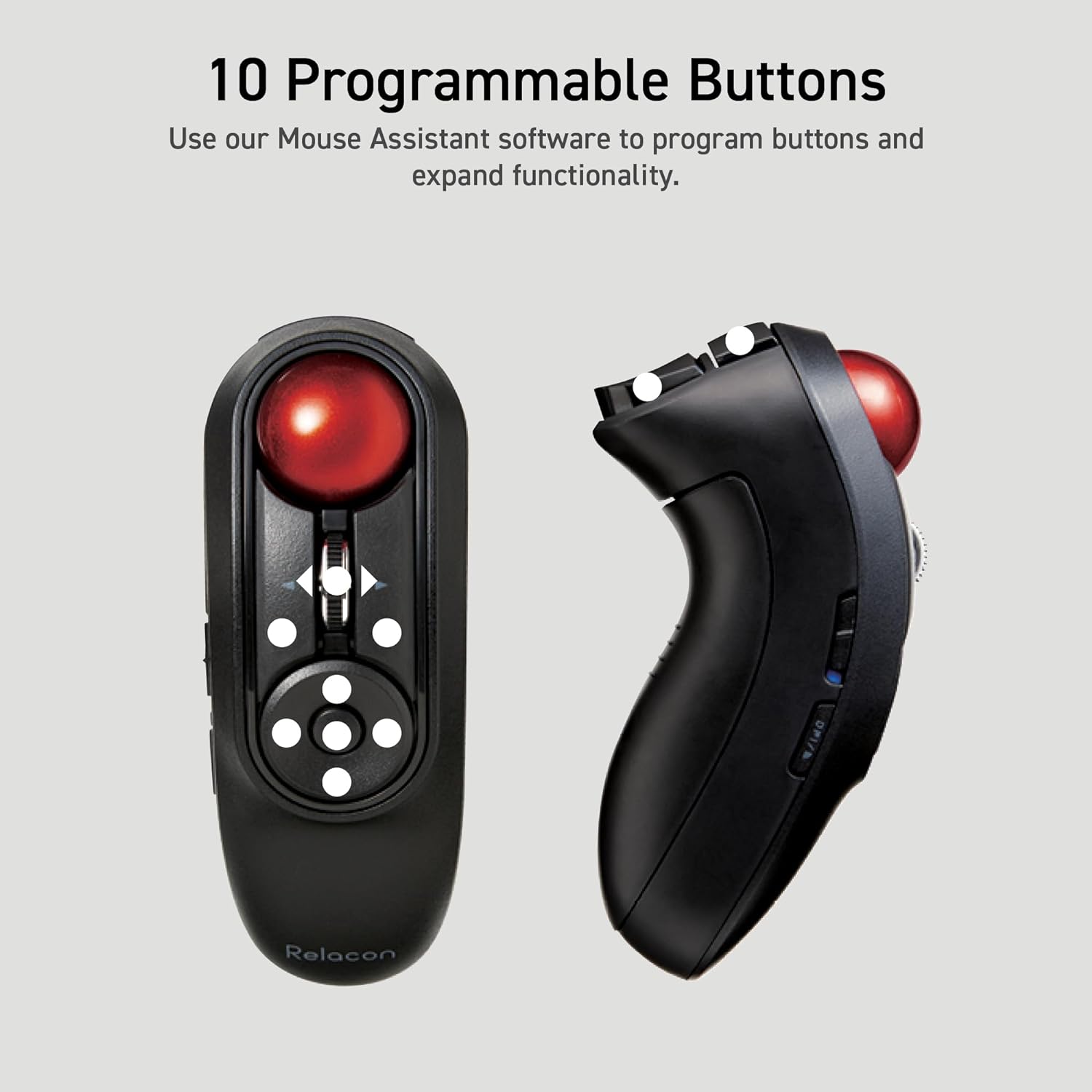 10 Programmable Buttons graphic featuring Relacon with white circles representing the programmable buttons | Message reads: Use our Mouse Assistant software to program buttons and expand functionality