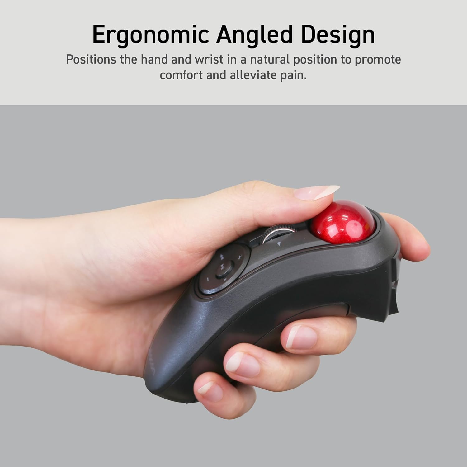 Ergonomic Angled Design graphic featuring a left hand using a Relacon | Message reads: Positions the hand and wrist in a natural position to promote comfort and alleviate pain