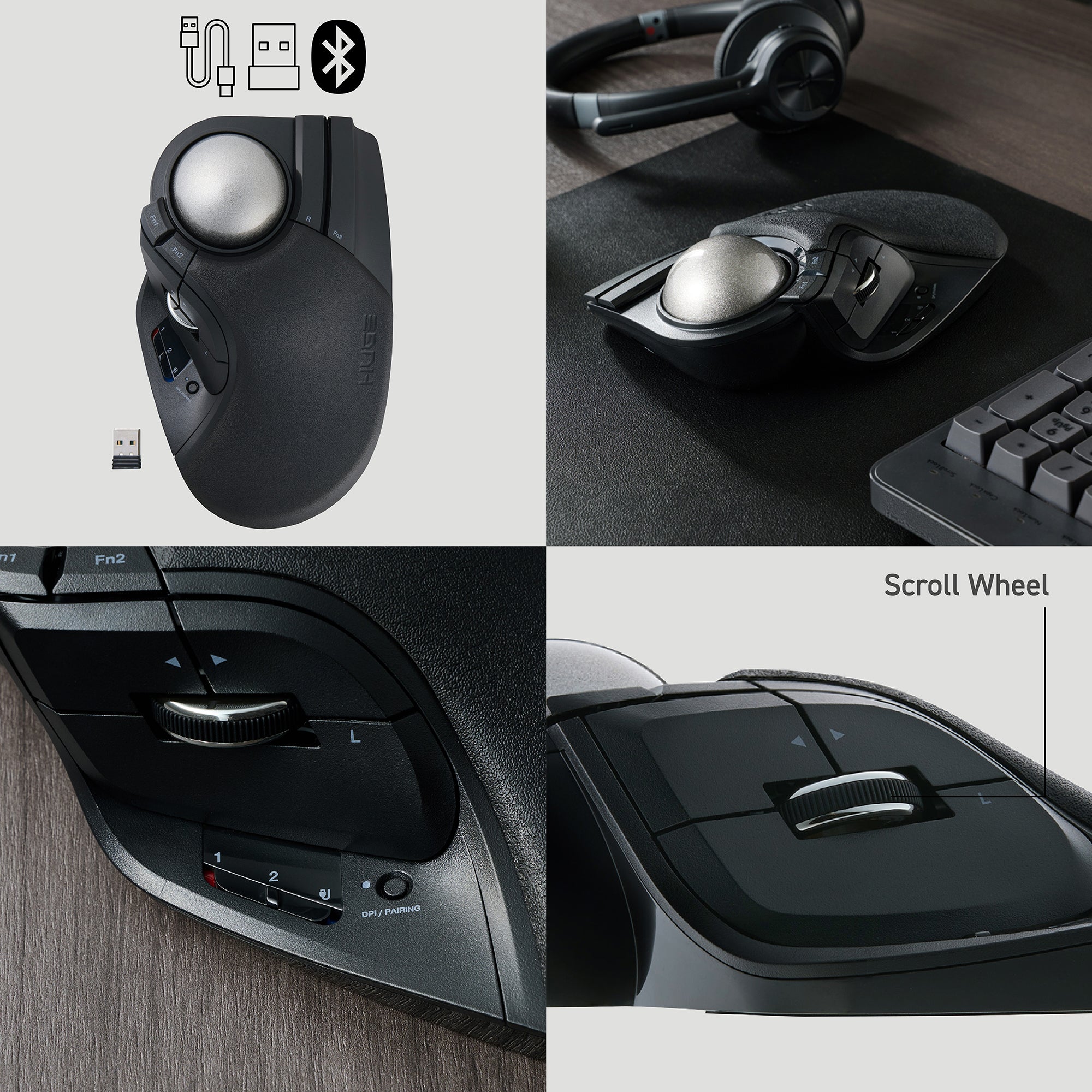 HUGE PLUS trackball mouse shown with buttons, scroll wheel, and wireless options