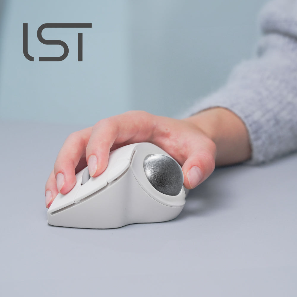 IST Trackball mouse by ELECOM USA | available in black or white | innovative trackball mouse for 2025 | white trackball mouse pictured being used | thumb controlled mouse