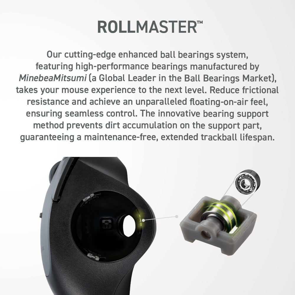 ROLLMASTER  our cutting-edge enhanced ball bearings system, featuring high-performance bearings manufactured by minebeamitsumi (a global leader in the ball bearings market), takes your mouse experience to the next level. Reduce frictional resistance and achieve an unparalleled floating-on-air feel, ensuring seamless control. The innovative bearing support method prevents dirt accumulation on the support part, guaranteeing a maintenance-free, extended trackball lifespan. 