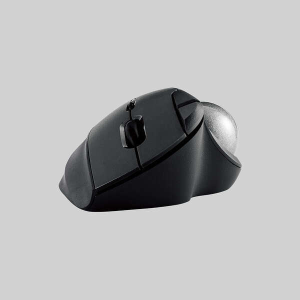 front view of trackball mouse on light grey background