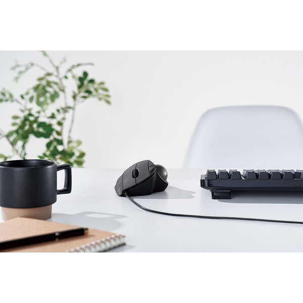 front view of black wired trackball mouse with oversize trackball for precise navigating | ergonomic computer mouse
