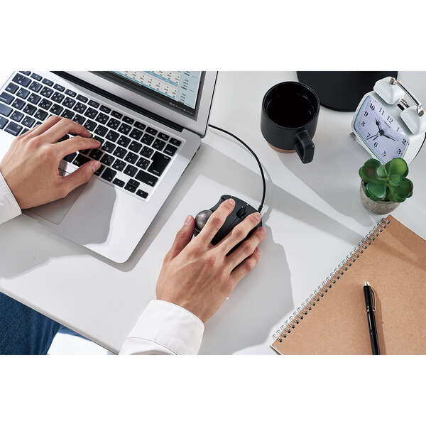 top view of ergonomic trackball mouse | wired computer accessories | aesthetic black trackball mouse