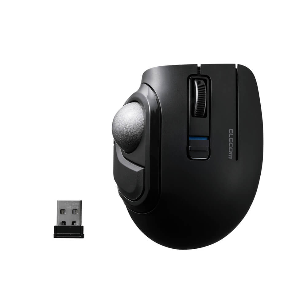 A black wireless bitra thumb trackball mouse with a small USB receiver, shown on a plain white background. The brand name 'ELCCOM' is printed vertically on the side of the mouse.