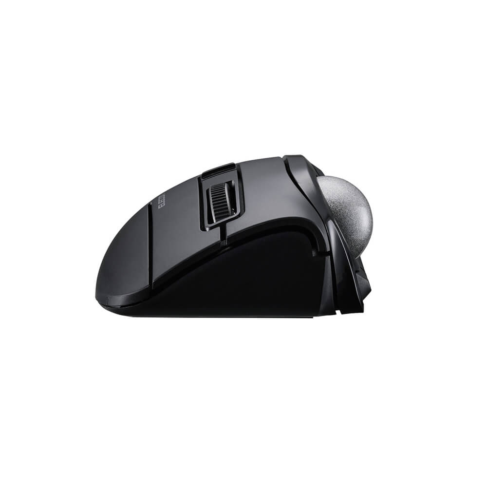 A black ergonomic wireless bitra thumb trackball mouse with a textured scroll wheel and a silver side accent, shown from a side profile on a white background.