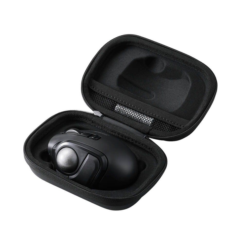 A black hard-shell zippered carrying case shown open, with a black bitra thumb trackball mouse resting inside on a plain white background.