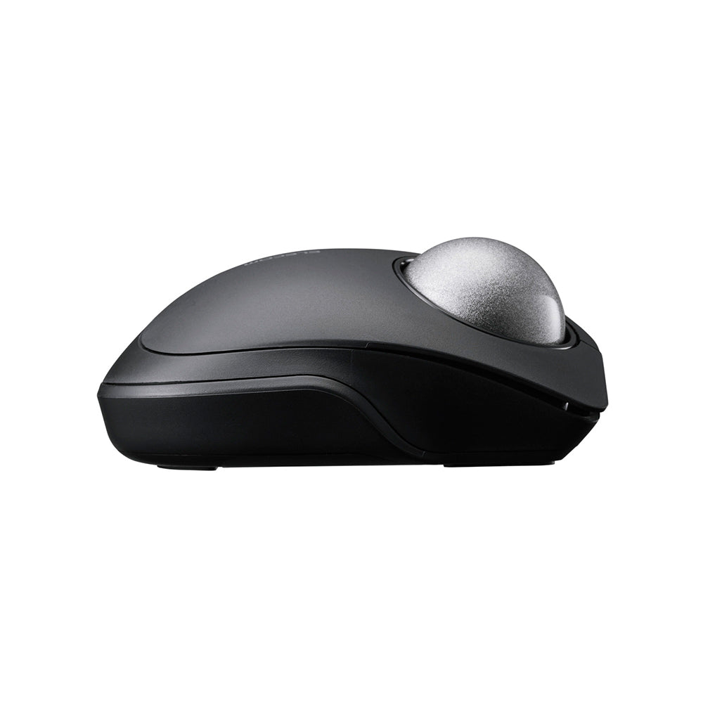 A black bitra index trackball mouse with a metallic silver ball, shown from a side profile on a solid white background.