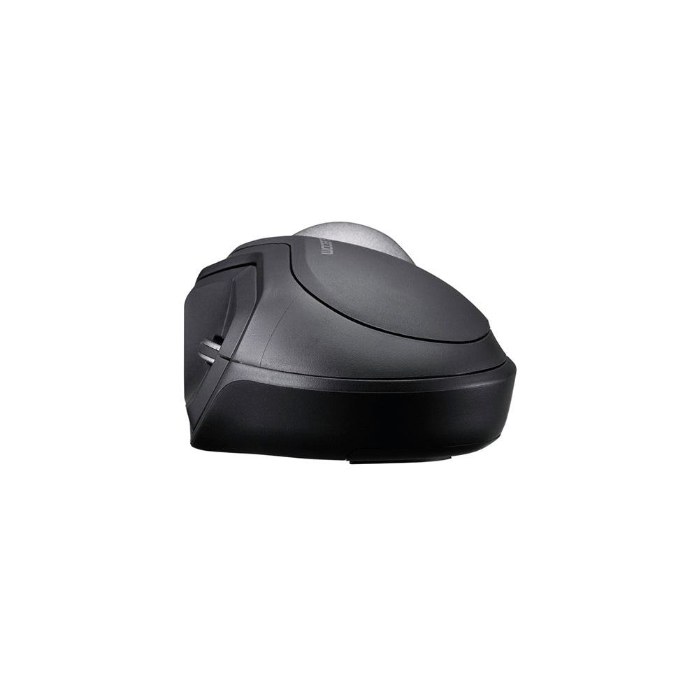 A black bitra index trackball mouse with a curved design and a small silver circular accent on top, shown on a plain white background.