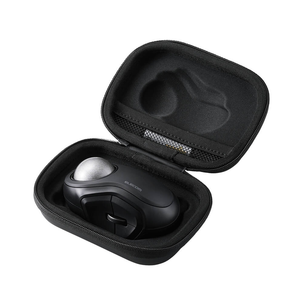 A black bitra index trackball mouse shown inside an open zippered hard carrying case with a black foam interior, photographed on a plain white background.