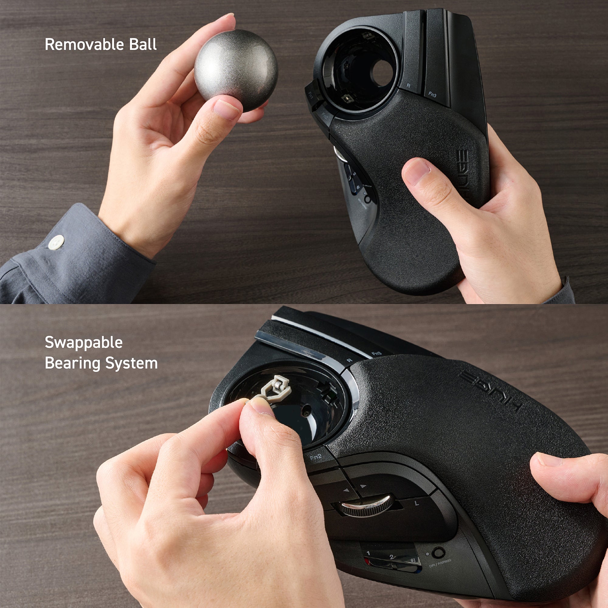 User removing HUGE PLUS trackball and accessing the swappable bearing system
