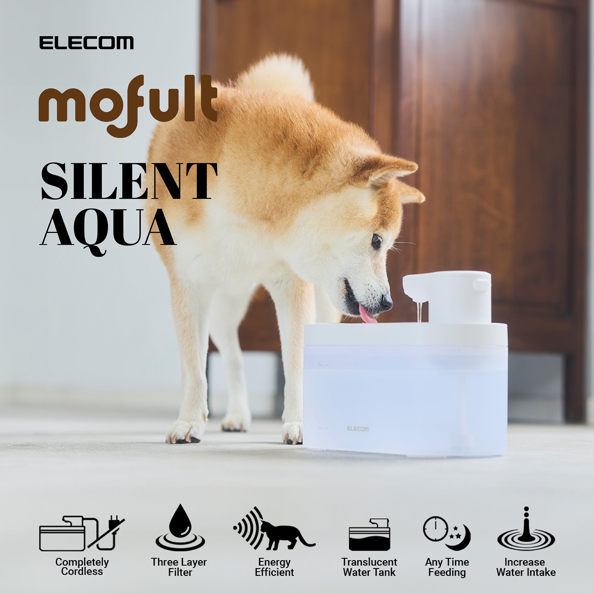 Elecom Mofult Silent Aqua - Completely Cordless - Three Layer Filter - Energy Efficient - Translucent Water Tank - Anytime Feeding - Increase Water Intake