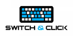 A minimalist logo or icon reading 'SWITCH & CLICK' on a white background, featuring a stylized keyboard graphic in black and bright blue above the text.