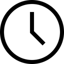 A minimalist black analog clock face icon with a single hour hand pointing down and a second hand pointing right, centered on a white background.