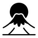 A minimalist black icon of an erupting volcano on a plain white background.